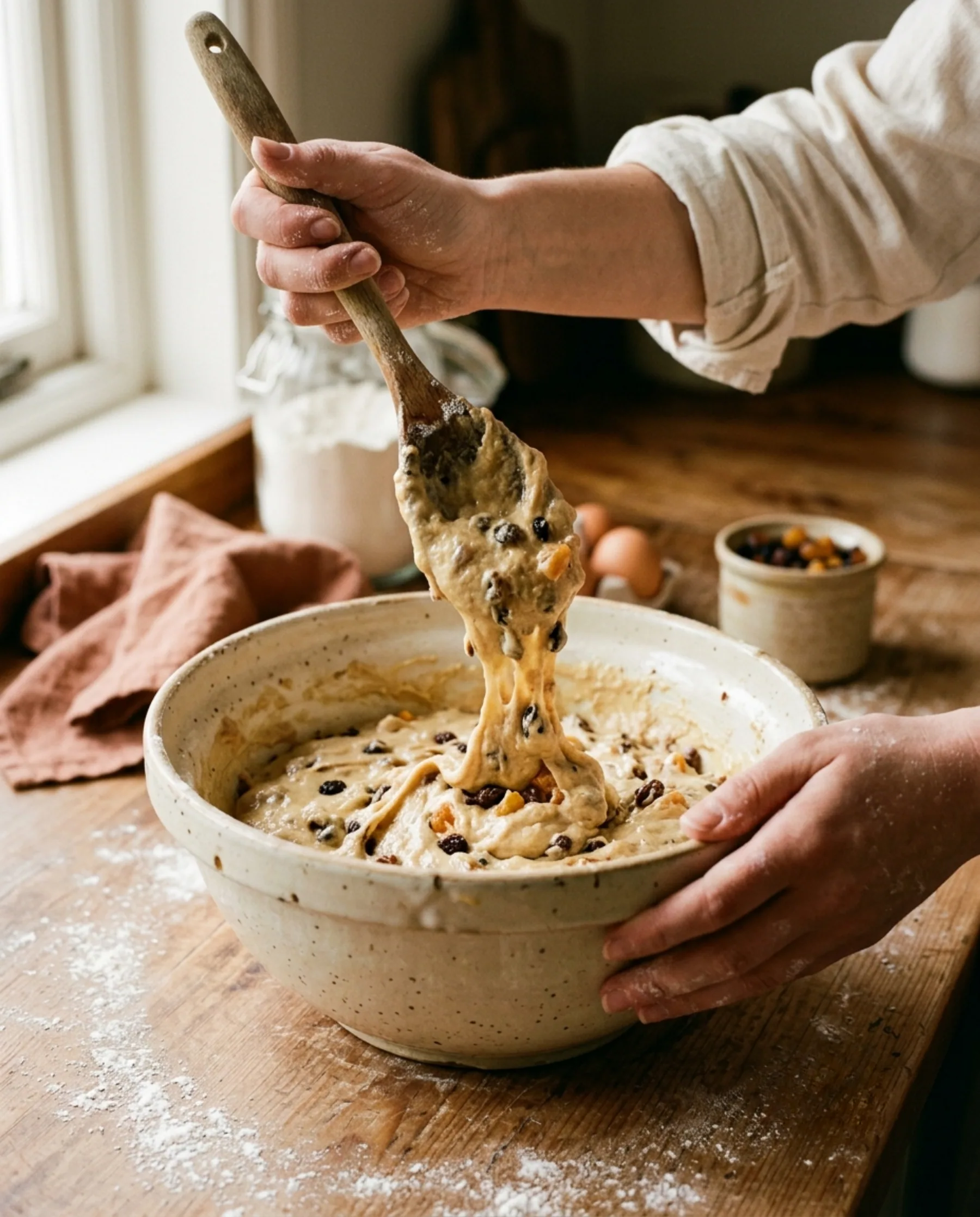 Batter being folded by hand in a mixing bowl.
