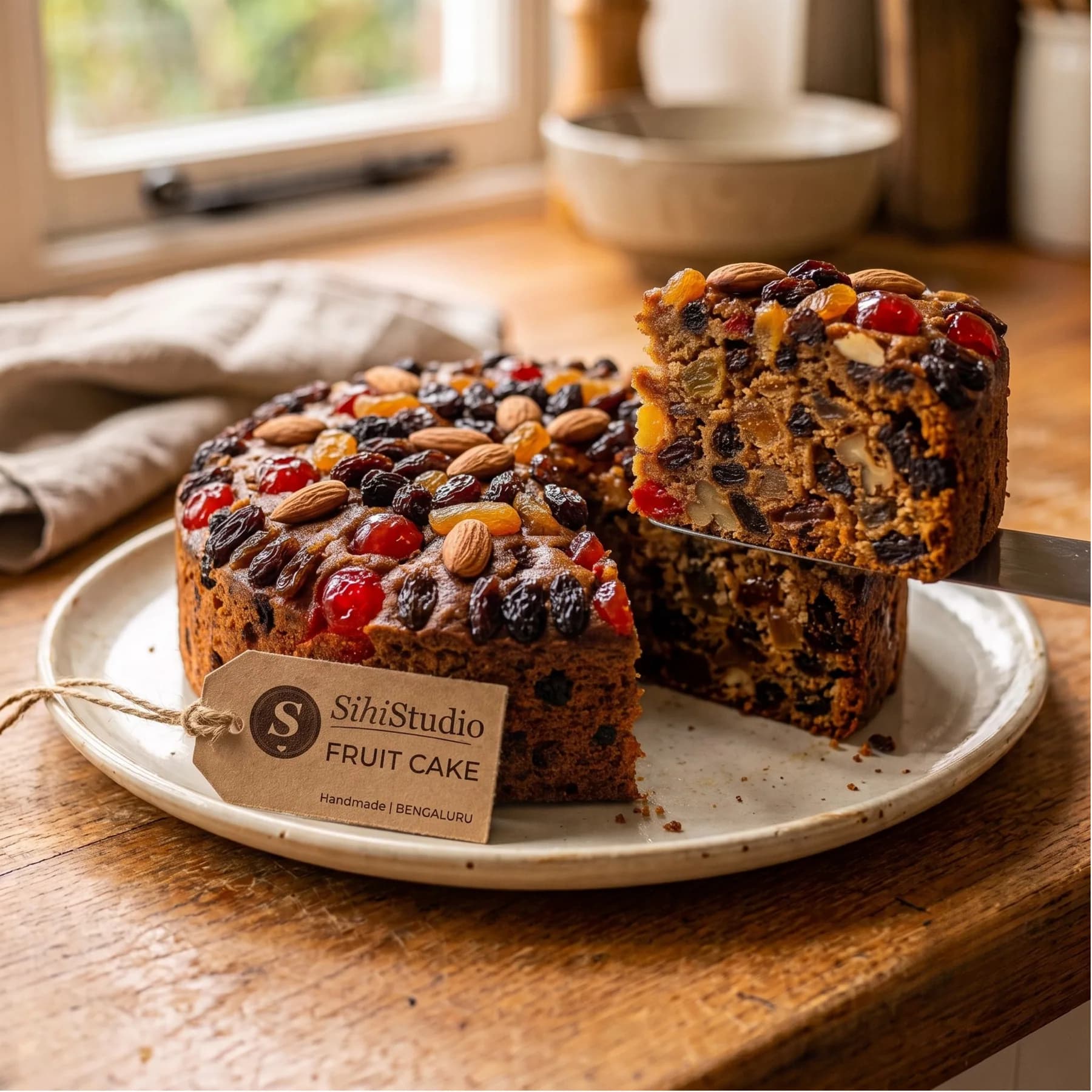 A whole fruit cake, the top crowded with soaked fruit and nuts.