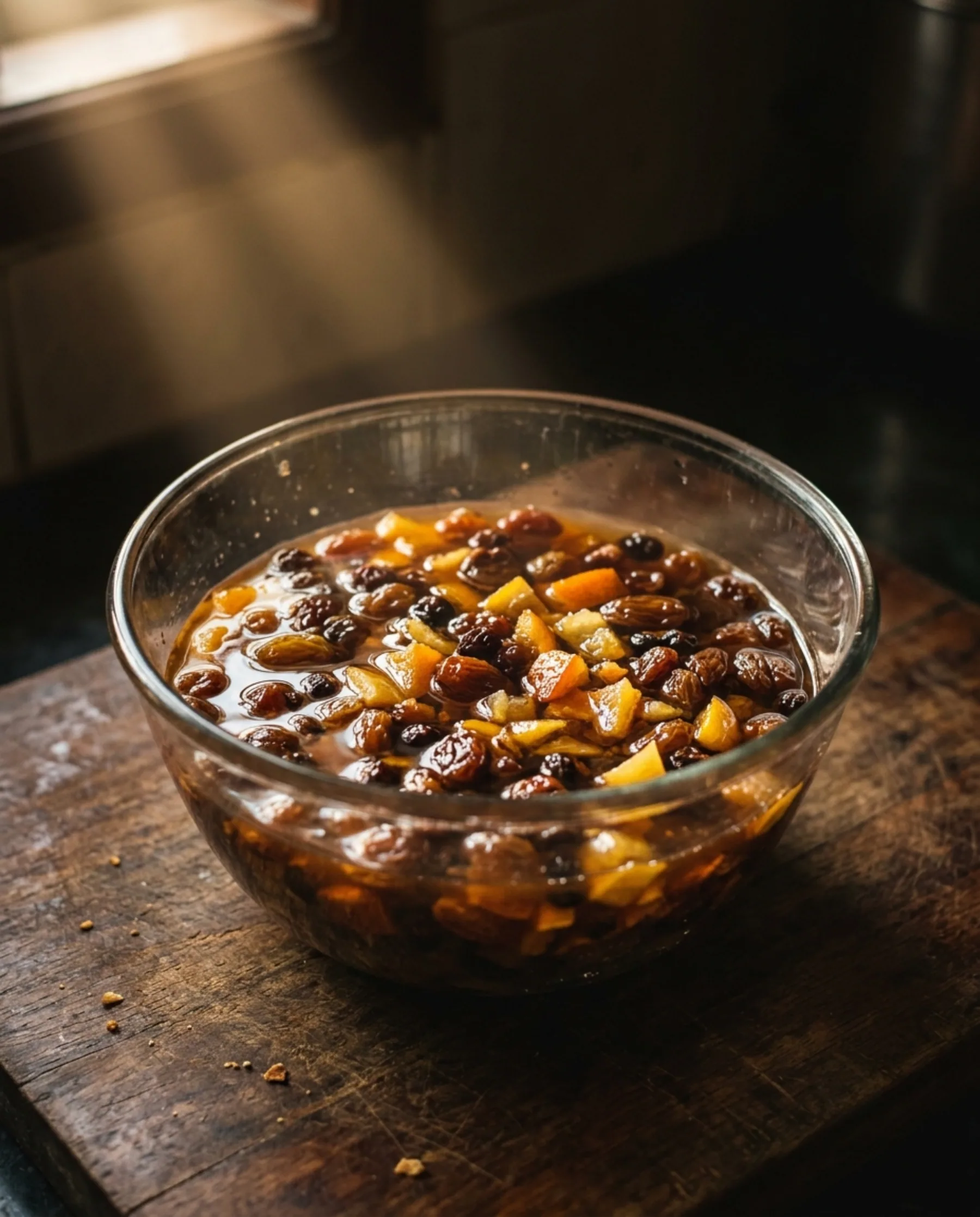 Dried fruit soaking in a glass jar, weeks before it becomes cake.